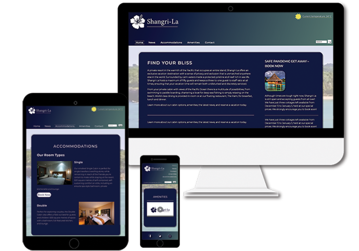 A desktop, ipad and iphone layout of the Shangri-La website.